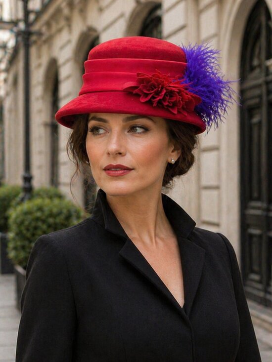 ? Vintage Red Felt Hat w/ Purple Feather & Floral Detail – Statement Church Hat main image 7